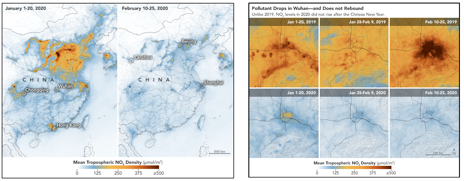 Dati NASA su concentrazione di NO2 in Cina 2020